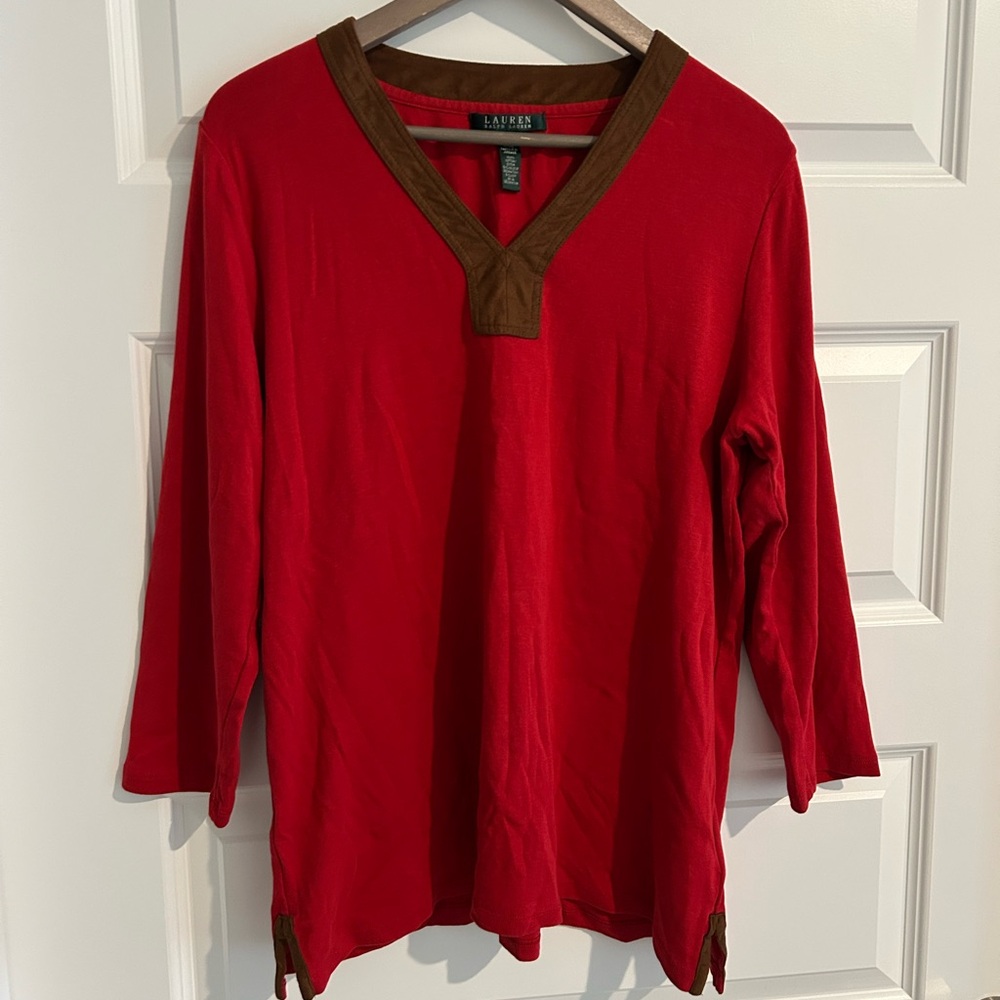 Lauren Ralph Lauren V Neck Colorblock Top Red Brown Size XL
